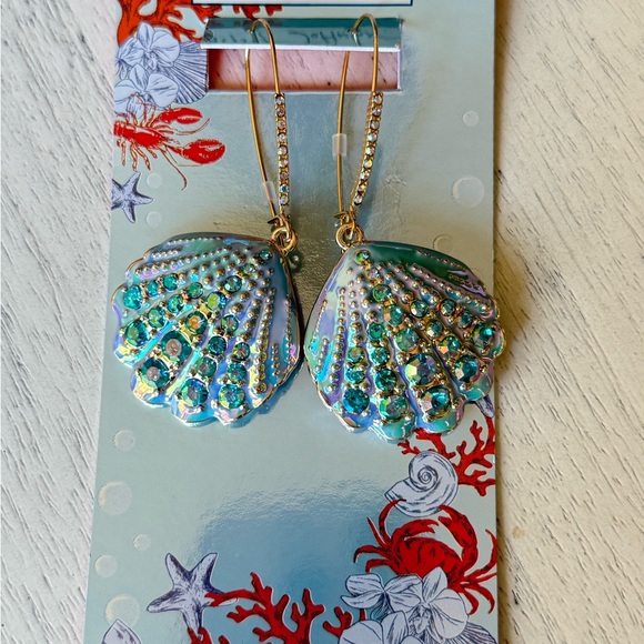 New Betsey Johnson Iridescent Shell Drop Earrings with Aqua Crystals - Picture 3 of 4